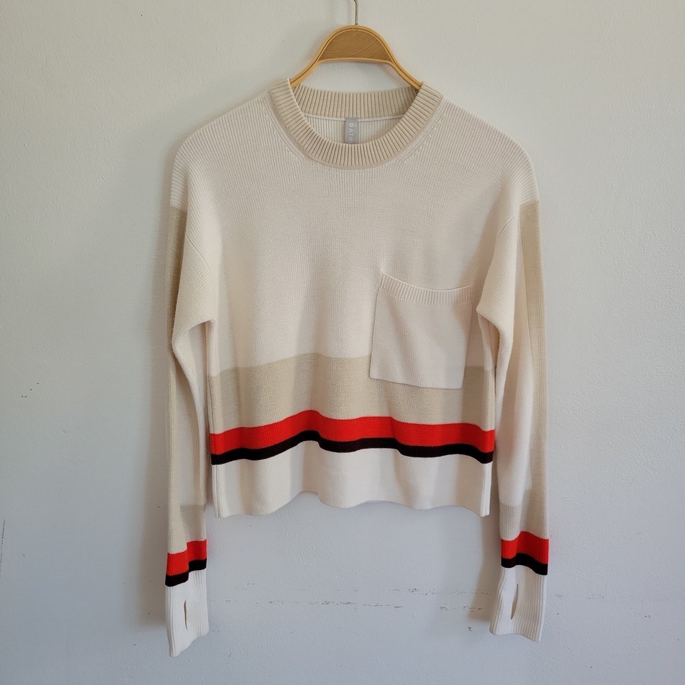 Athleta Trailhead Cropped Thumbhole Sweater Medium Striped Crewneck  Athleisure